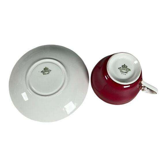 Vintage AYNSLEY Bone China England Rare Find Deep Red & Gold Tea Cup & Saucer - Picture 6 of 9